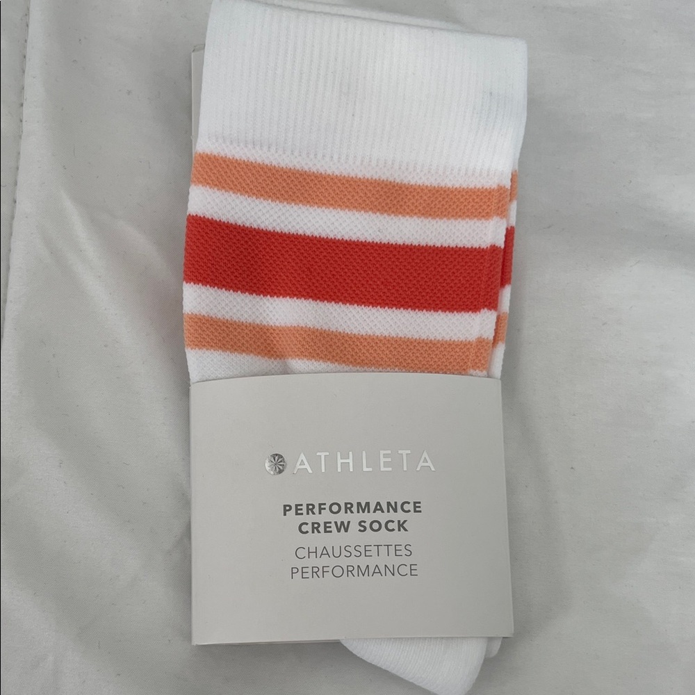 Athleta Striped White and Orange Crew Socks